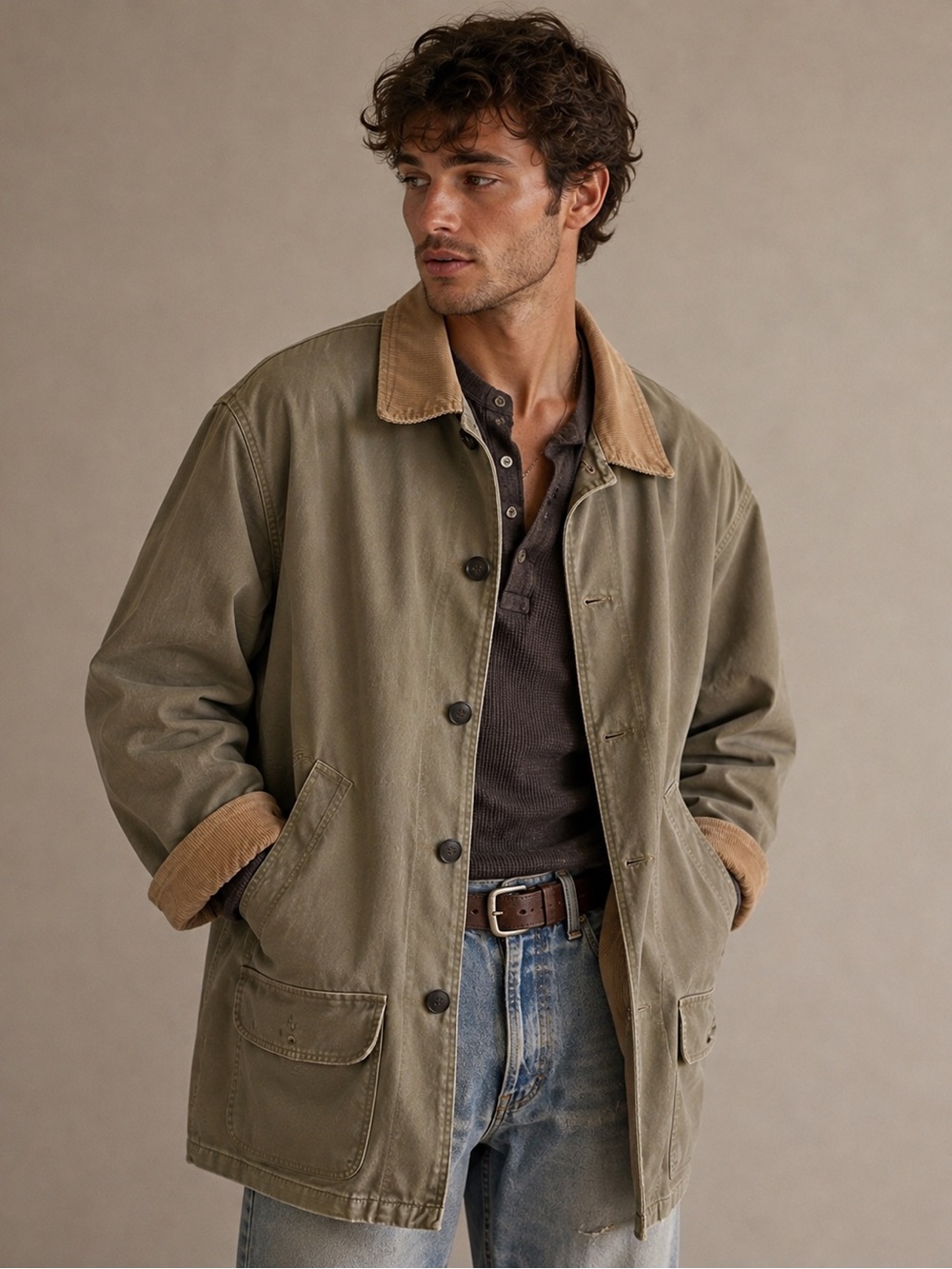 Tan Field Jacket/Barn Coat, Corduroy Collar, GorpCore, Yellowstone, M-LT, W-L
